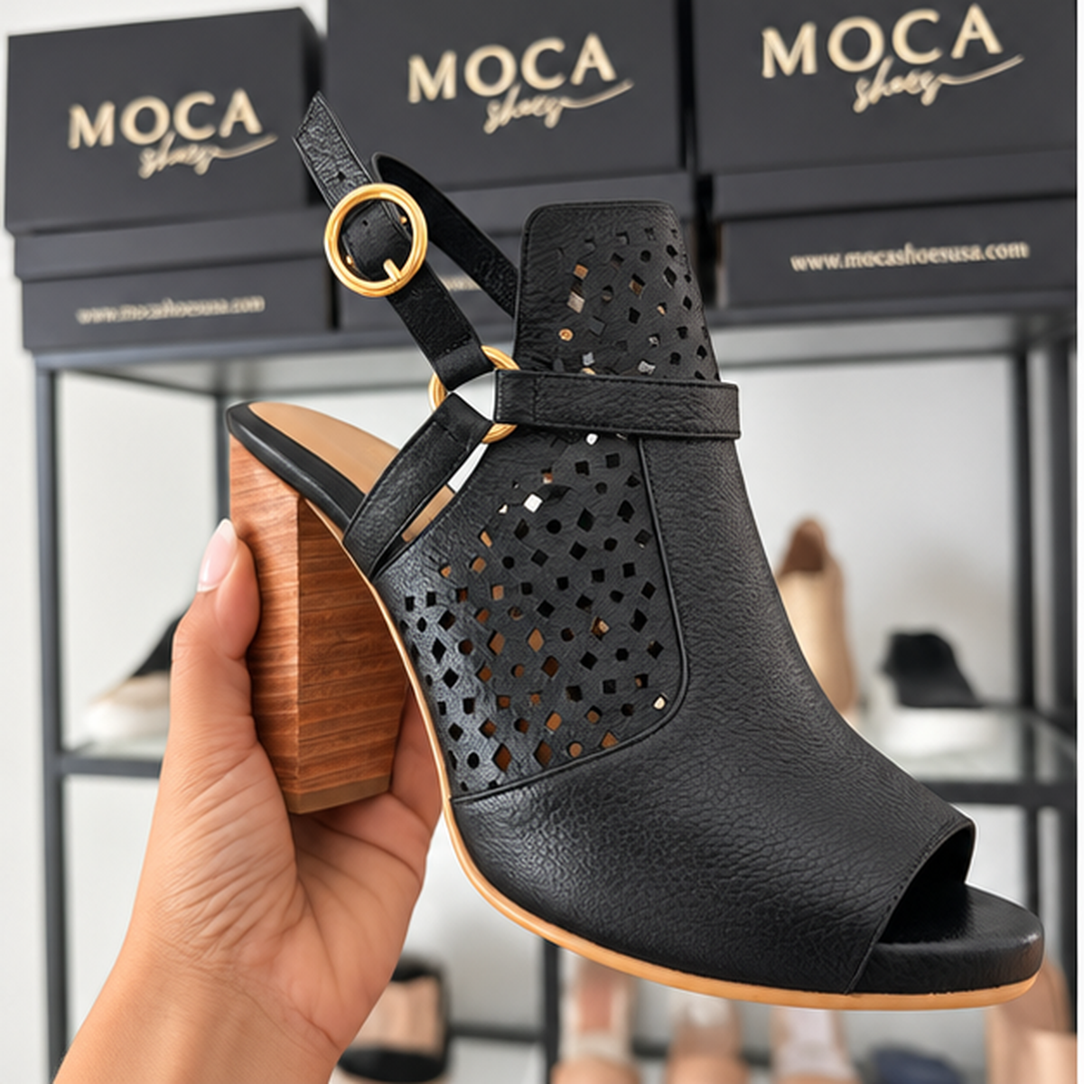 Kansas Black  Leather Peep-Toe Ankle Booties